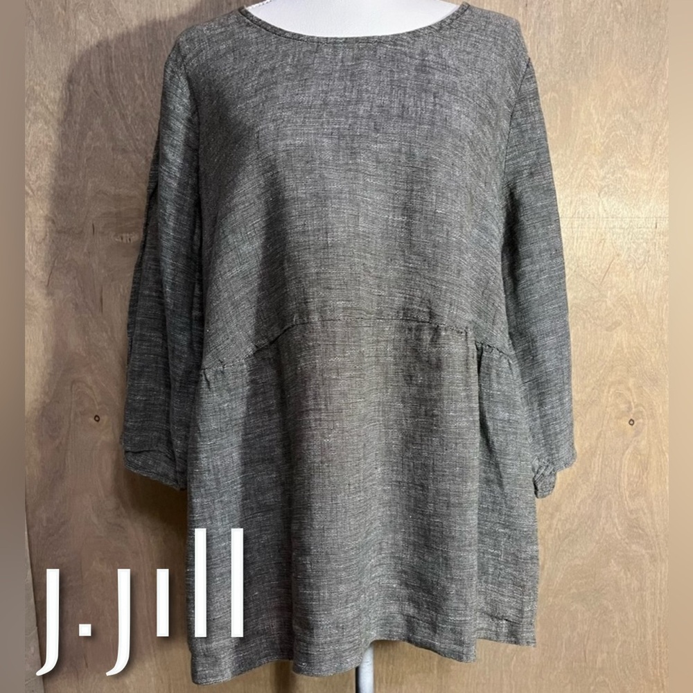 J.Jill Linen Babydoll Top Blouse 3/4 Sleeves Olive Green L
